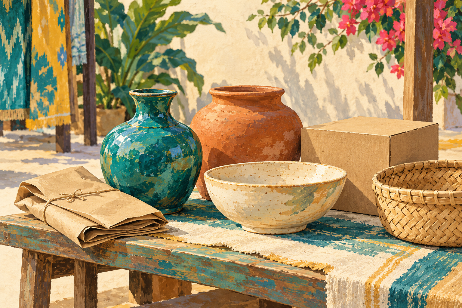 Original AI illustration of ceramic vessels, wrapping and a basket; not actual Arena Warna stock / 陶瓷、包装与篮子的原创AI插画,并非Arena Warna实际商品