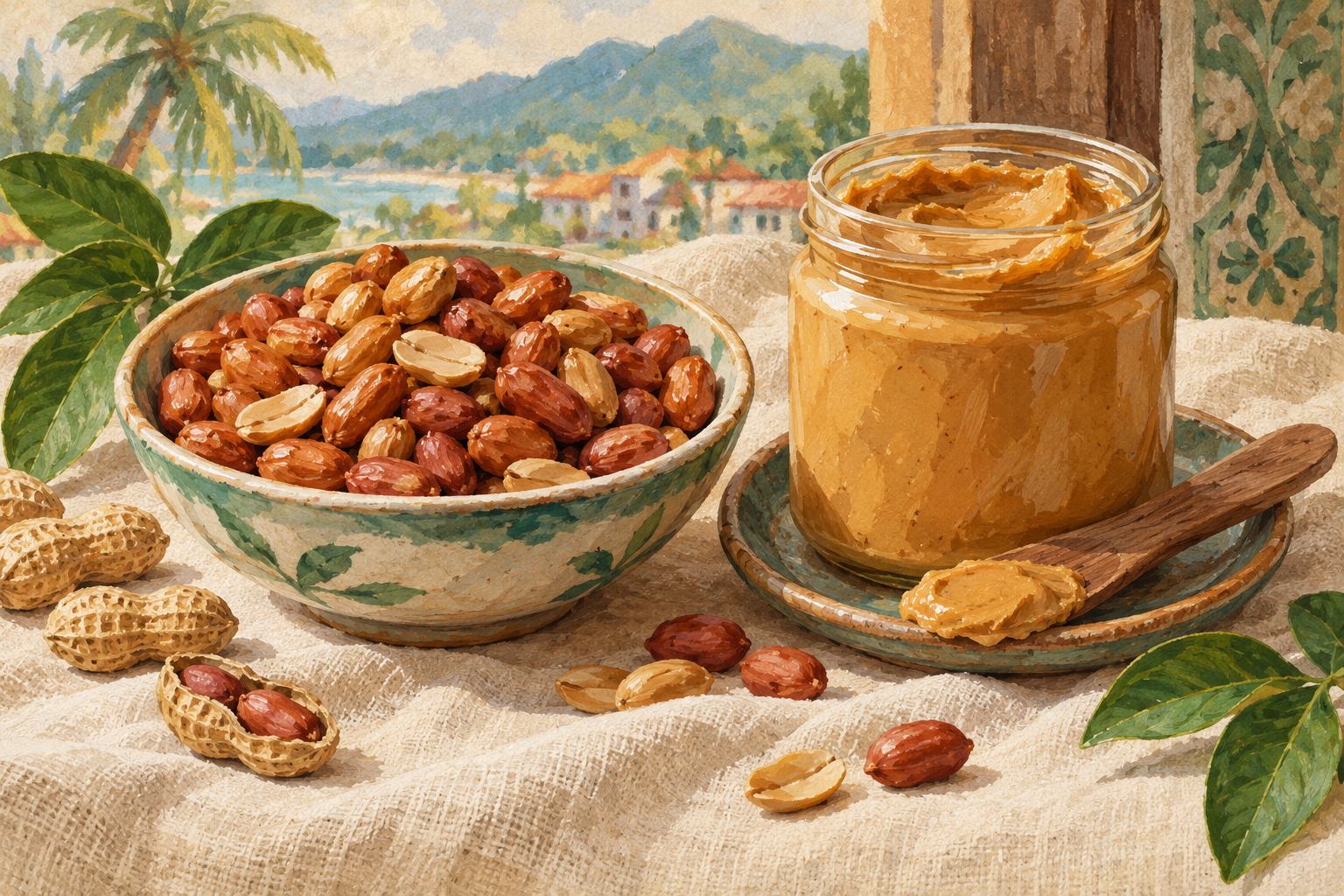 AI illustration of peanuts and peanut butter, not Crystal Peanut products or a real Yong Peng view/花生与花生酱AI插画,非水晶花生店商品或永平实景