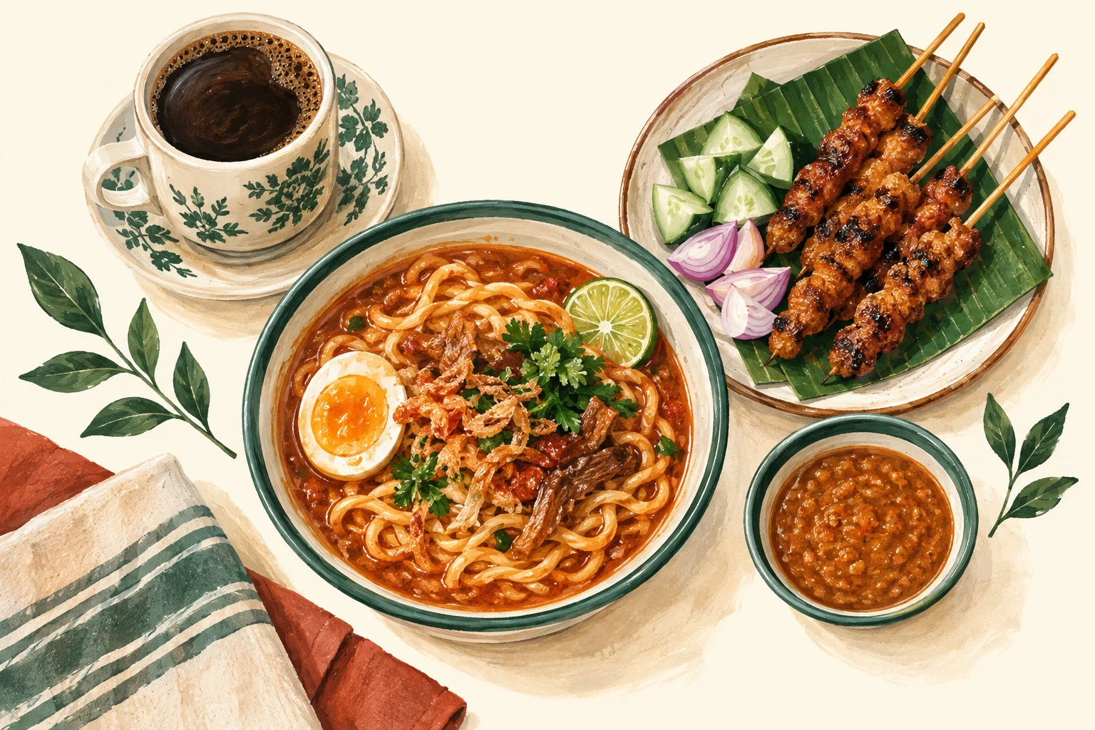 AI food illustration of kopi, mee bandung and satay; not a restaurant photograph/咖啡、万隆面与沙爹AI插画,非餐厅实拍