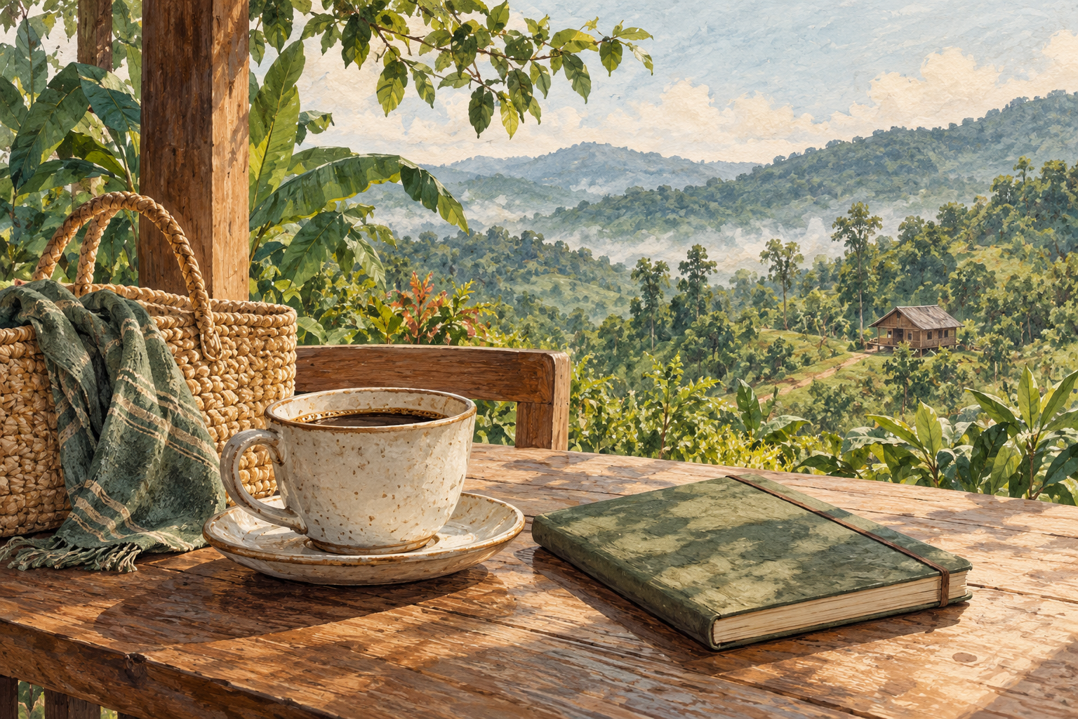 Original AI countryside-retreat mood illustration with coffee, a notebook and distant generic cabin; not Talula Hill premises / 咖啡、笔记本与远方普通小屋的原创AI乡间休憩插画,并非Talula Hill现场